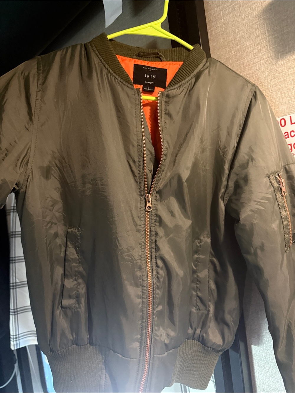 iris Olive Green Bomber Jacket with Orange Lining